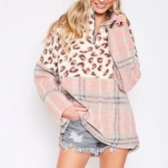 Fantastic Fawn Cheetah and Plaid Mixed Print Half Zip Pullover Fleece - Picture 3 of 6